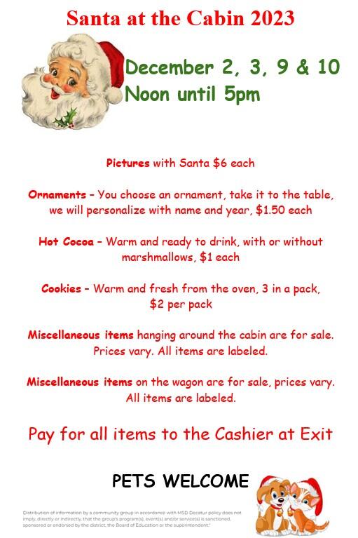 Pictures with Santa $6; Hot Cocoa $1; Cookies $2 for 3