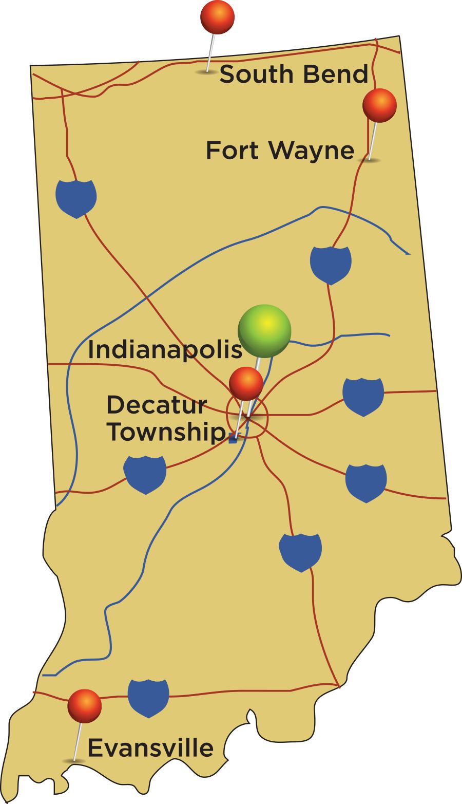Graphical map of Indiana with Decatur in the center
