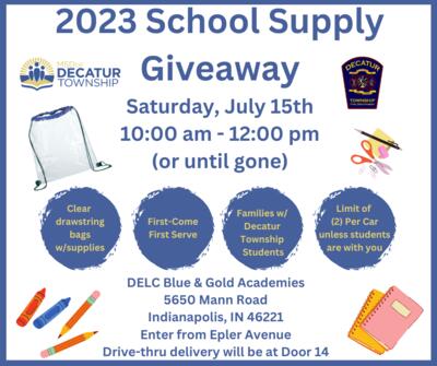 2023 School Supply Giveaway on July 15th 10 am; Blue and Gold Academies