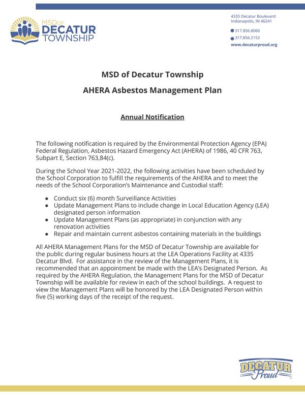 MSD of Decatur Township AHERA Asbestos Management Plan image