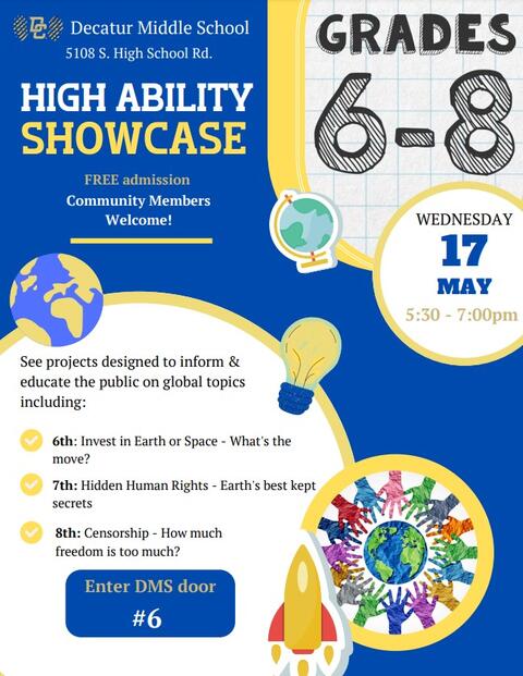 Grades 6-8 High Ability Showcase at DMS on 5/17/23 5:30-7 pm