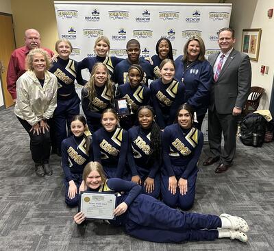 DMS Cheerleaders and Coaches with Board President Mr. Henson and Dr. Prusiecki, Superintendent